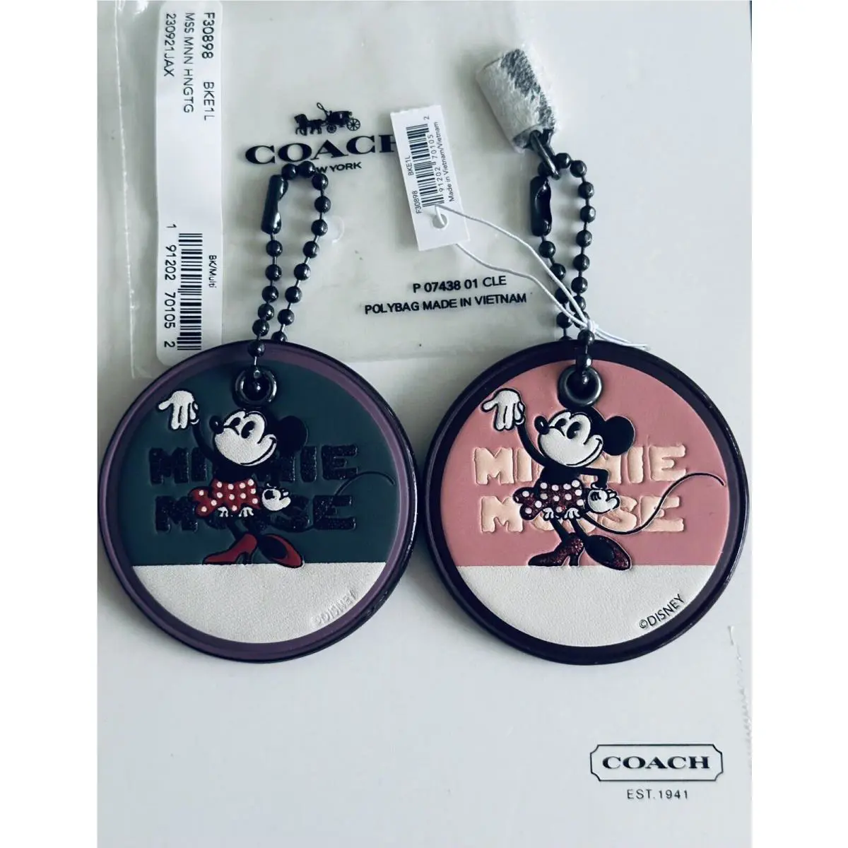 Lot OF 2 Disney X  Minnie Mouse Leather Round Hangtag Bag Charms by Coach