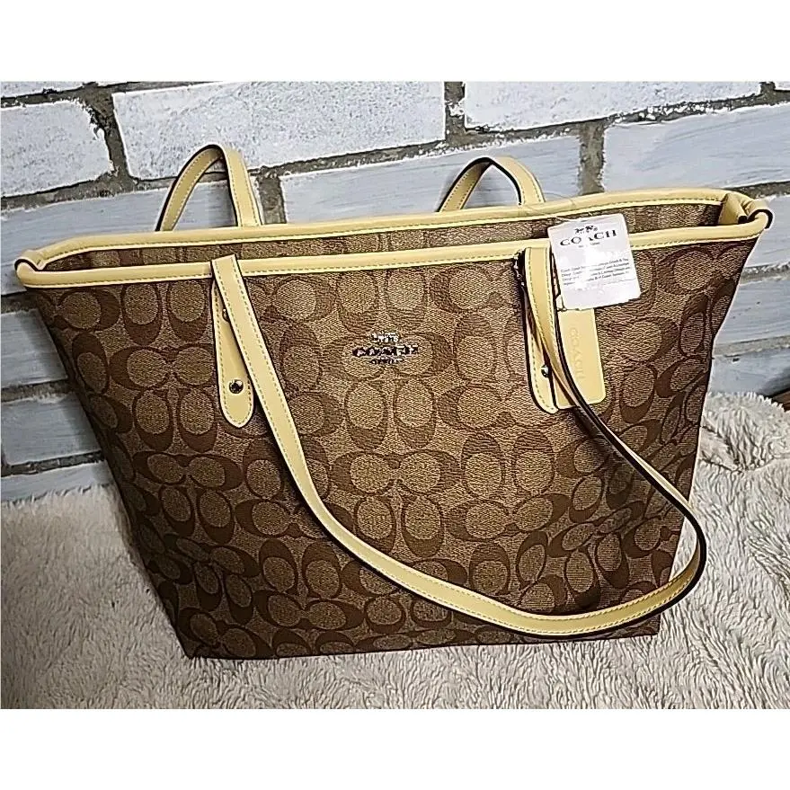 Coach F58292 Luxury Signature City Zip Tote Bag Khaki x Vanilla Handbag