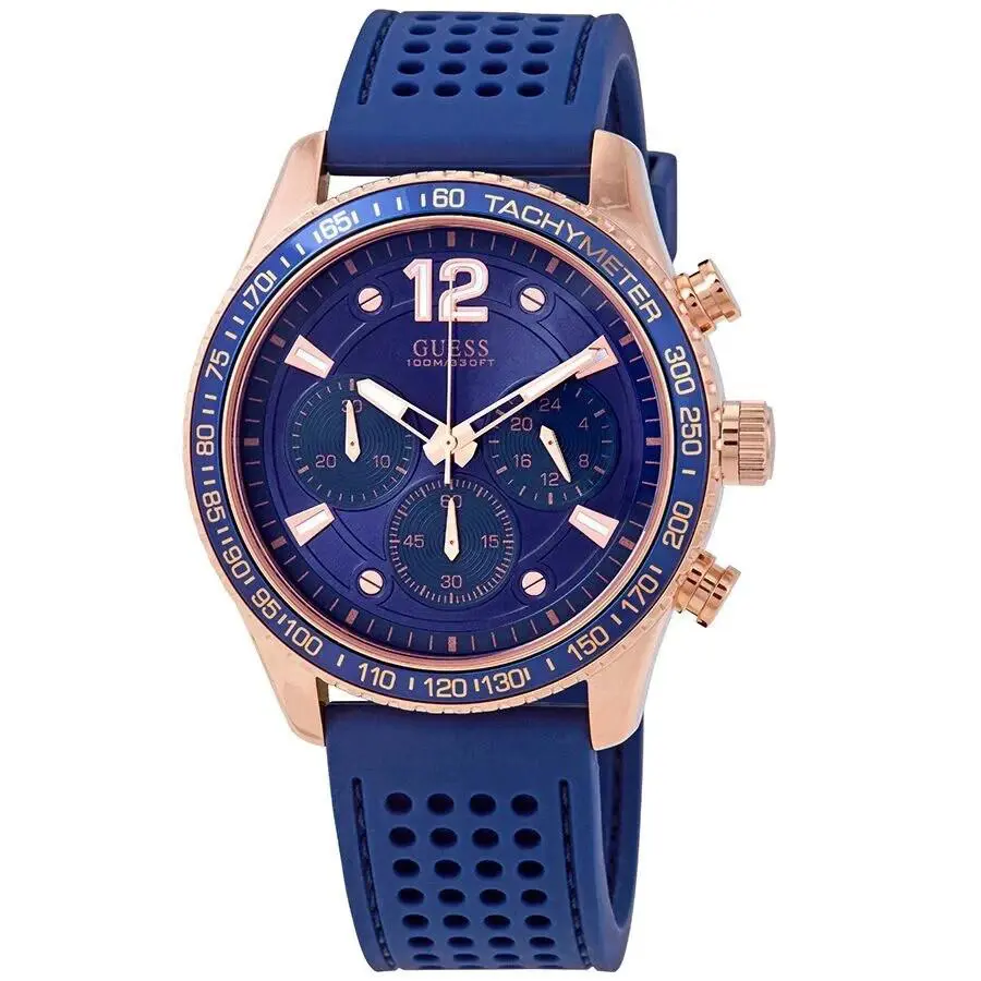 Guess W0971G3 Men`s Rose Gold Tone Blue Silicone Band Chronograph Watch