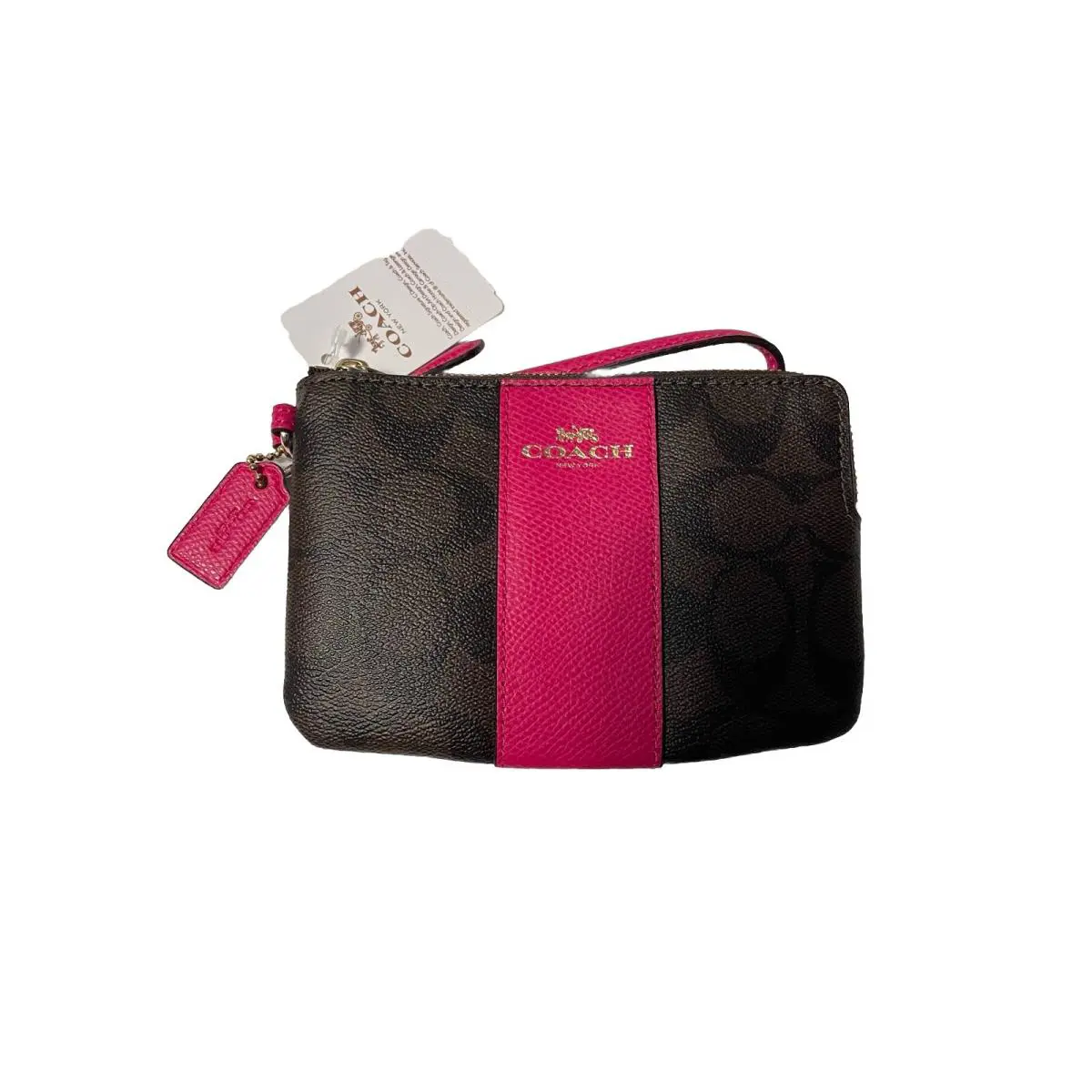 Coach Signature Pvc Leather Corner Zip Wristlet Brown Pink Ruby