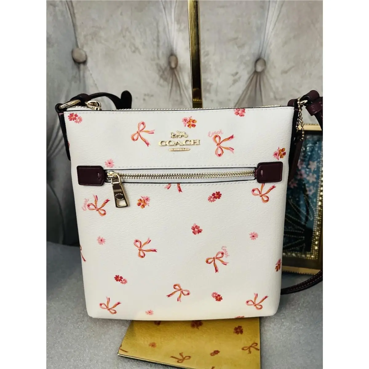 Coach Mini Rowan File Bag Handbag Crossbody Purse Bow Print CN768 Chalk Wine