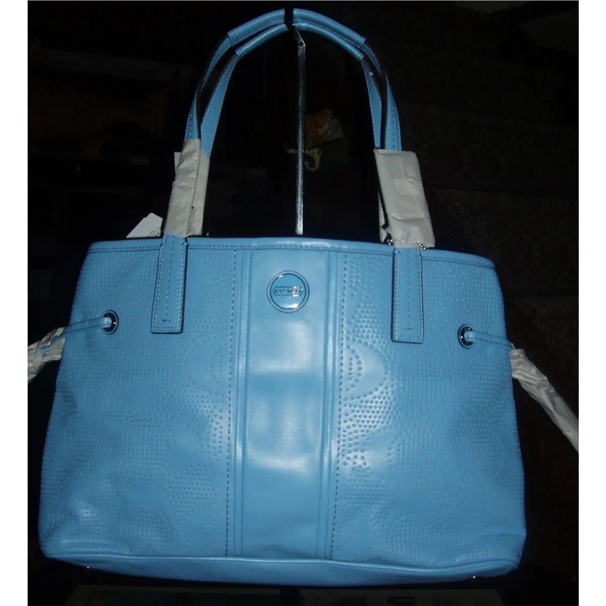Coach 21938 Signature C Perforated Leather Handbag. Sky. New