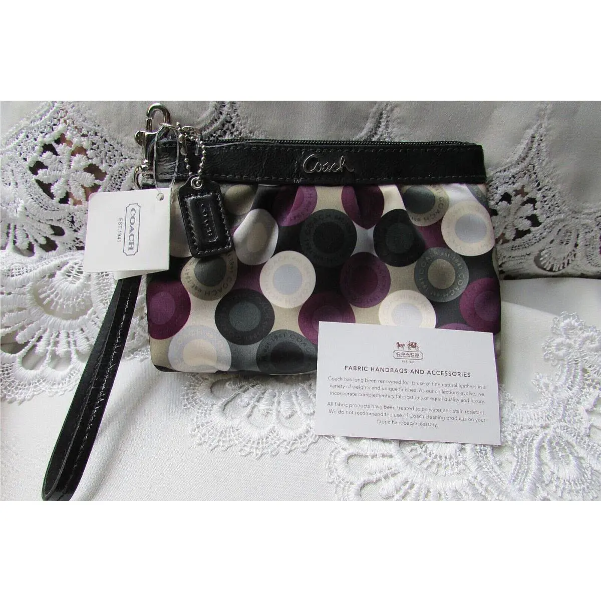 Coach 44162 Signature Multicolor Abstract Snap Head Purple Sateen Wristlet-nwt