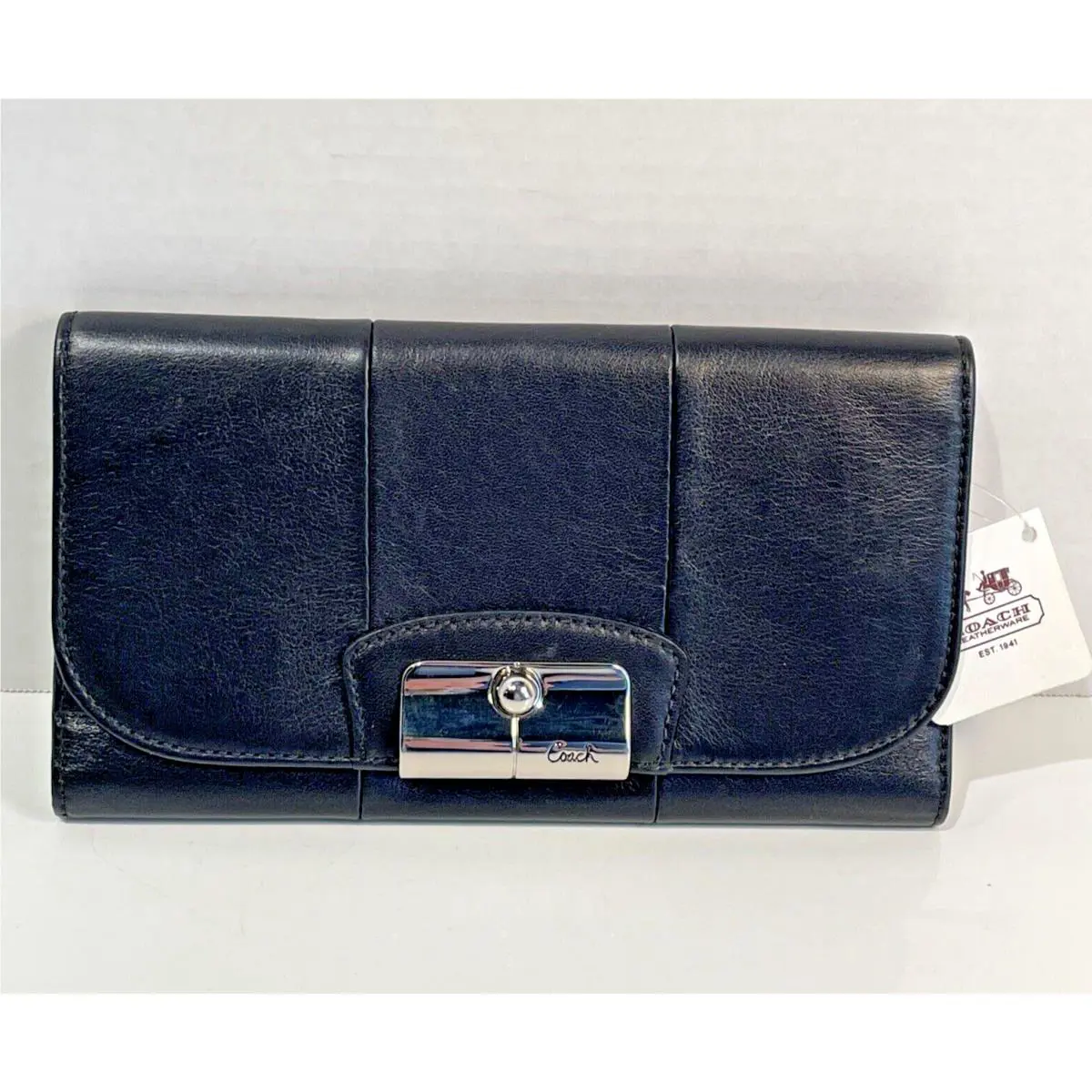 Coach Kristin Envelope Black Leather Flap Wallet with Silver Closure w/ Tag