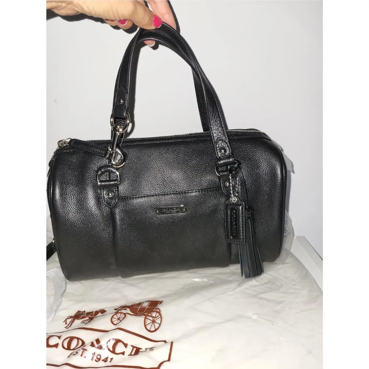 Coach F26121 Avery Black Pebbled Leather Footed Tassle Satchel Crossbody Handbag