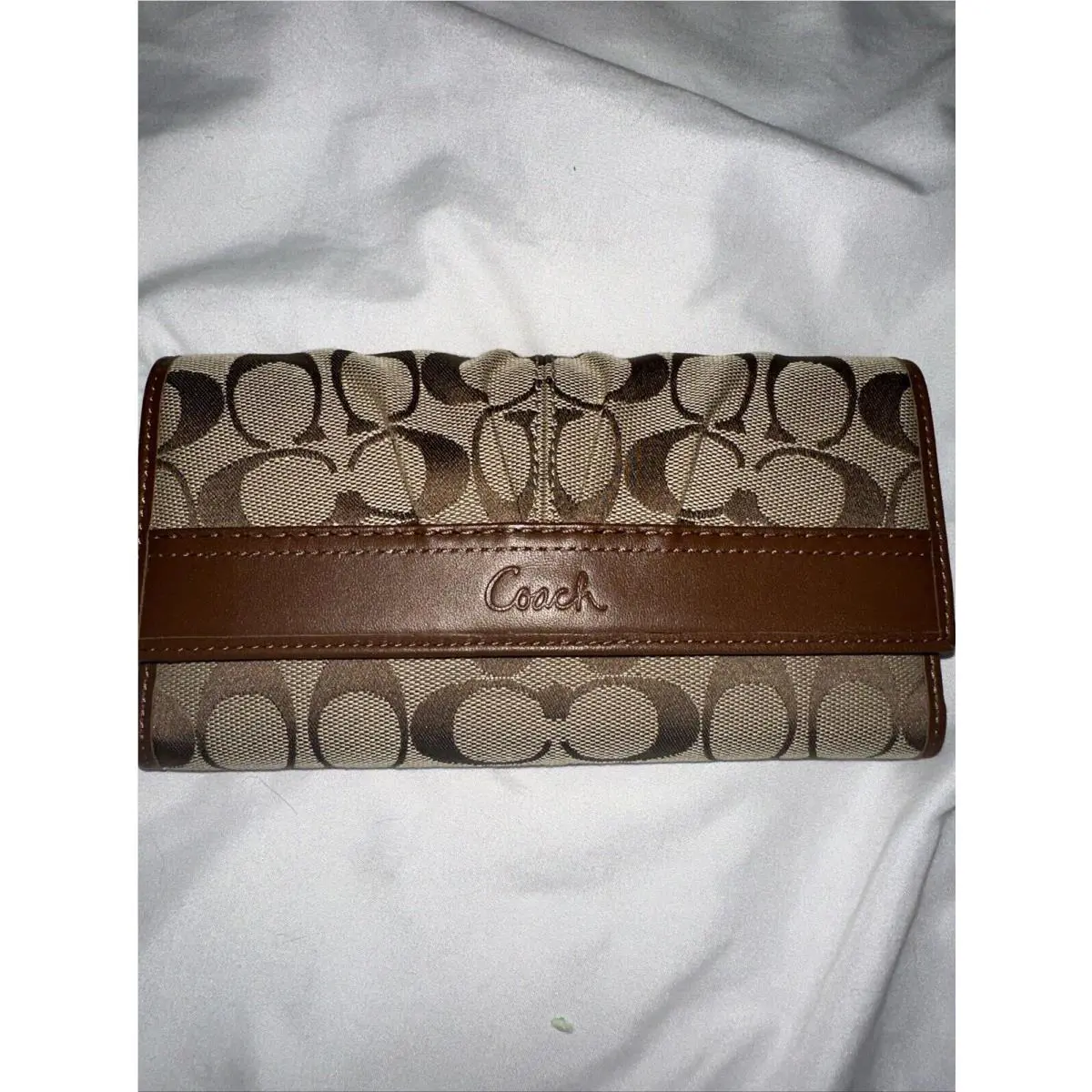 Coach Tri Fold Wallet Brown Leather Monogram Pattern W/attachment F42819