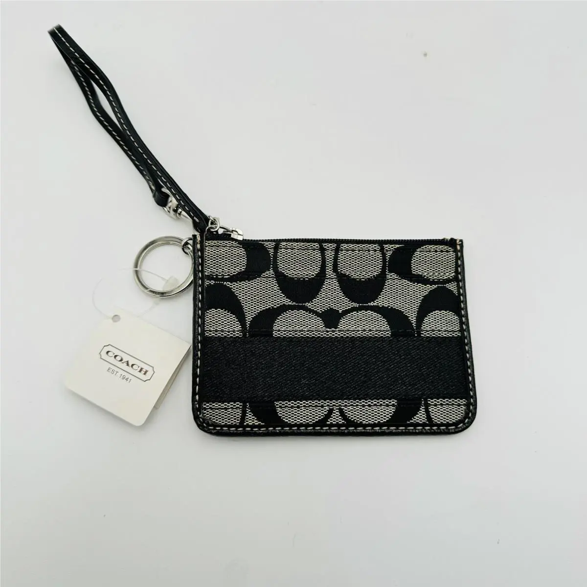Coach Signature Stripe Black Zip Top Wristlet Wallet F47665 W/ Tag