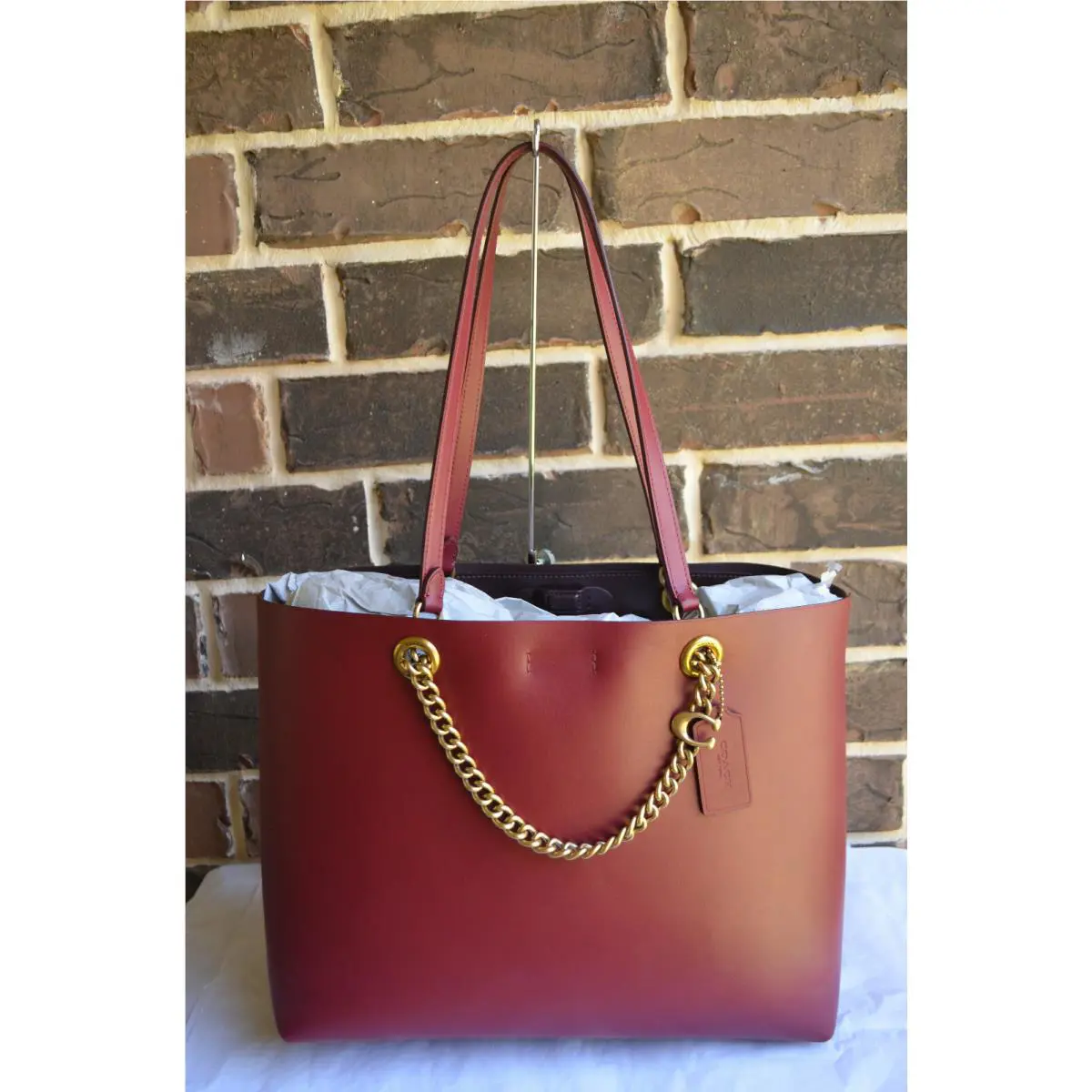 Coach Tote Large Leather Chain C Handbag 78218 Deep Red