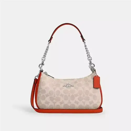 Coach Teri Sand/deep Orange Signature Canvas Leather Shoulder Bag CV933