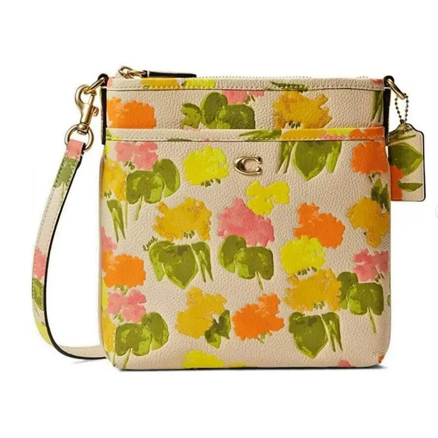 Coach Kitt Crossbody Floral Print Multi Pebble Leather CC556 - Exterior: Tan, Lining: Beige, Handle/Strap: Multicolor
