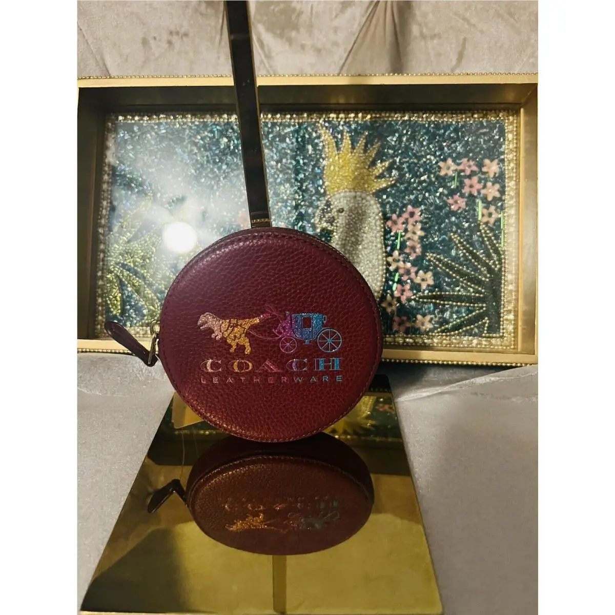 Coach Rexy Dino Carriage Round Coin Purse 88766 Wristlet Burgundy Maroon
