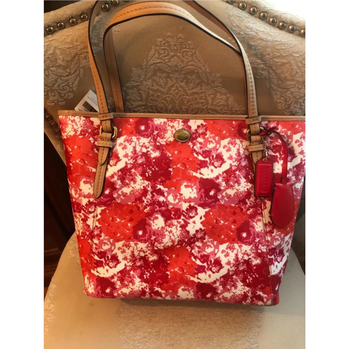 Coach Pink/red Floral Peyton Zip Top Tote Handbag Great For Gift Giving