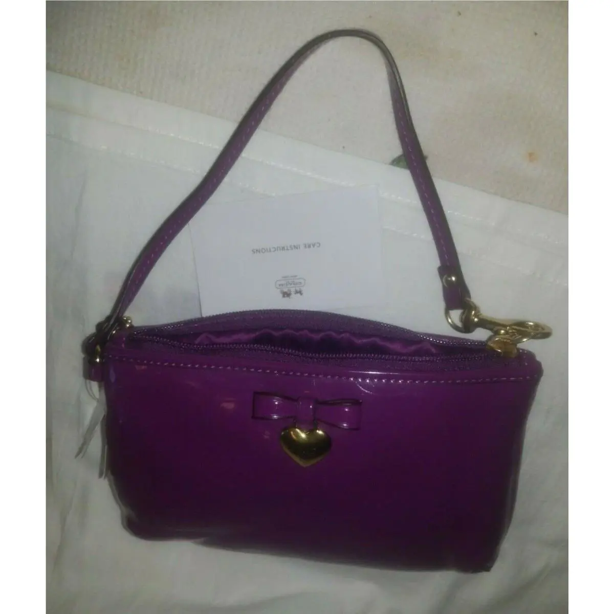 Embossed Coach Iris Purple Liquid Gloss Patent Leather Bow Heart Wristlet