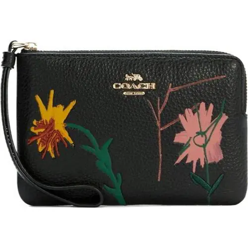 Coach X Jean Michel Basquiat Corner Zip Wristlet Black Leather Flower - Handle/Strap: Black�, Hardware: Gold�, Exterior: Black