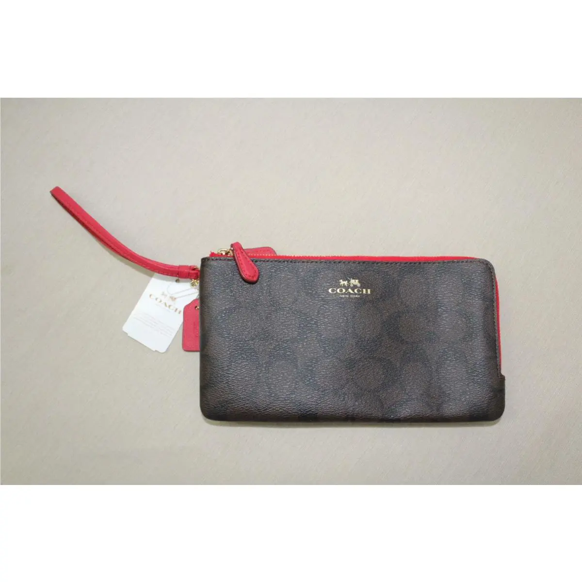 Coach ••• Ladies` Signature Double Zip Wristlet Purse • Brown/true Red • F54057