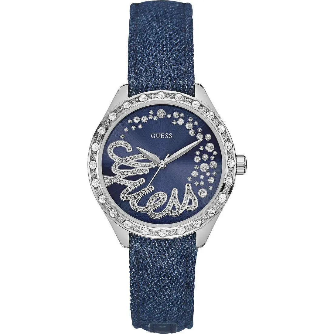 Gem-set Blue Dial Leather Denim Strap Steel 36mm Women`s Watch W0023L5 by Guess