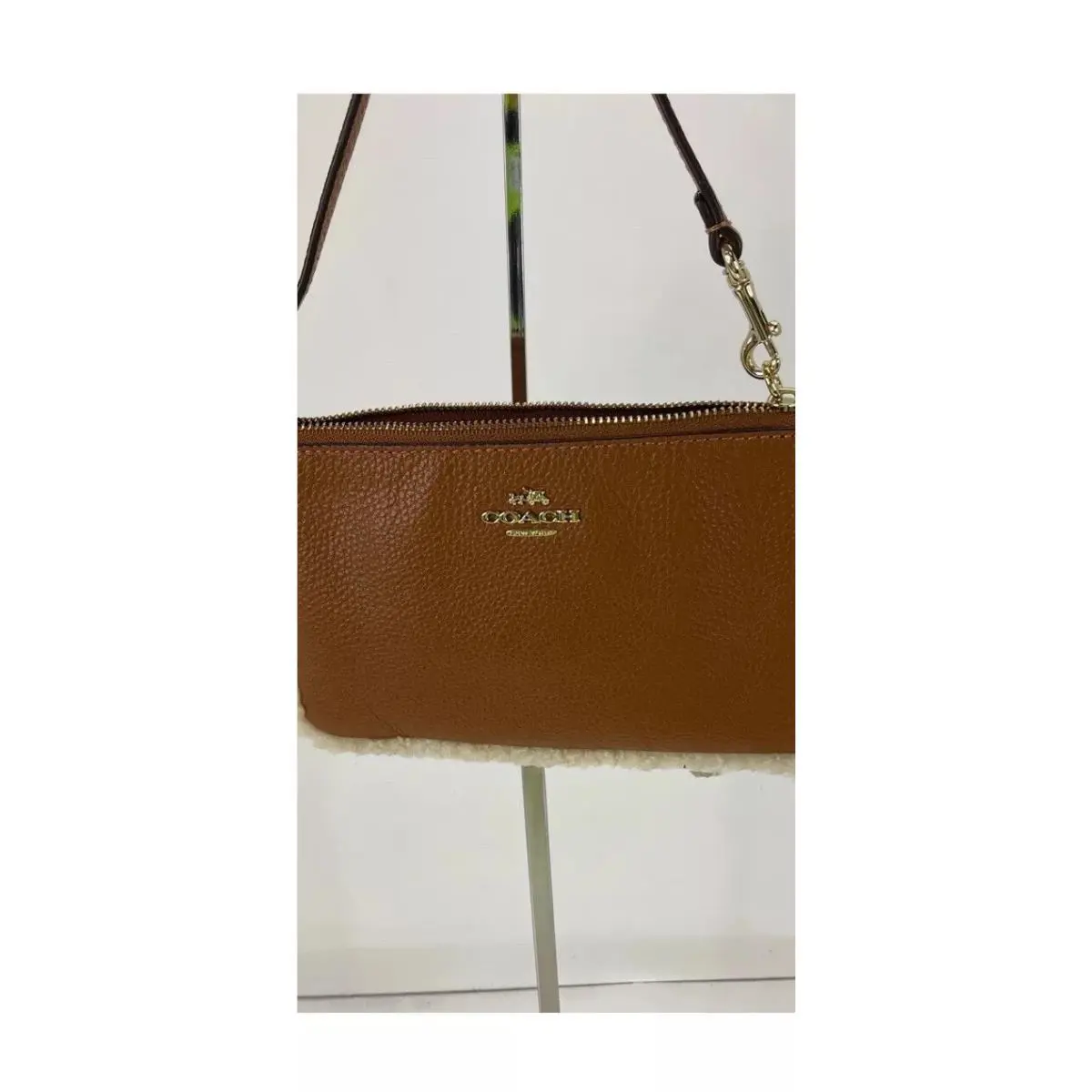 Saddle Brown Pebbled Leather Shearling Top Zip Pouch Wristlet by Coach