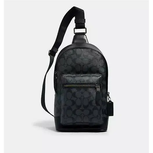 Coach West In Signature Canvas Black Pebble Leather Unisex Crossbody