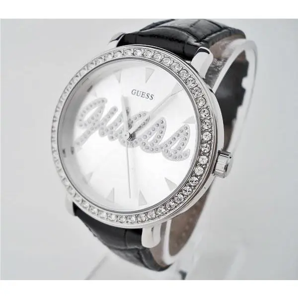 Guess Logo Dial Black Leather Strap+crystals WATCH-G76072L