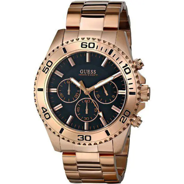 Guess Men`s Black Dial Analog Quartz Gold Tone Multifunction W0170G3 Watch