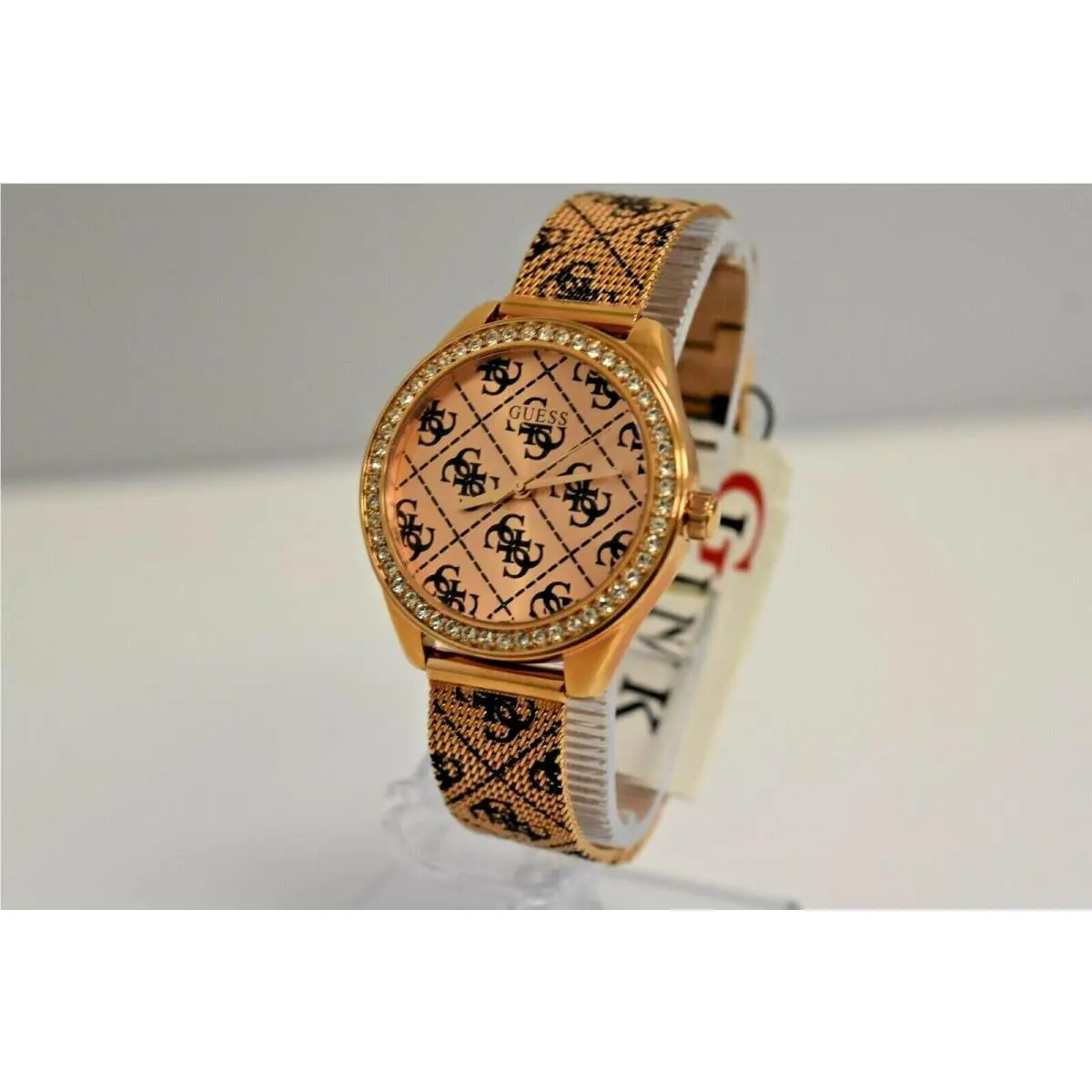 Guess Women`s Mesh Rose Gold SS Black Crystals U1279L3 Watch
