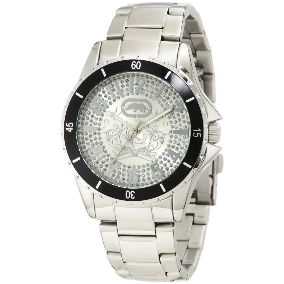 Polished Silver Tone Black Glitz Dial Design Watch E8M040MV by Marc Ecko