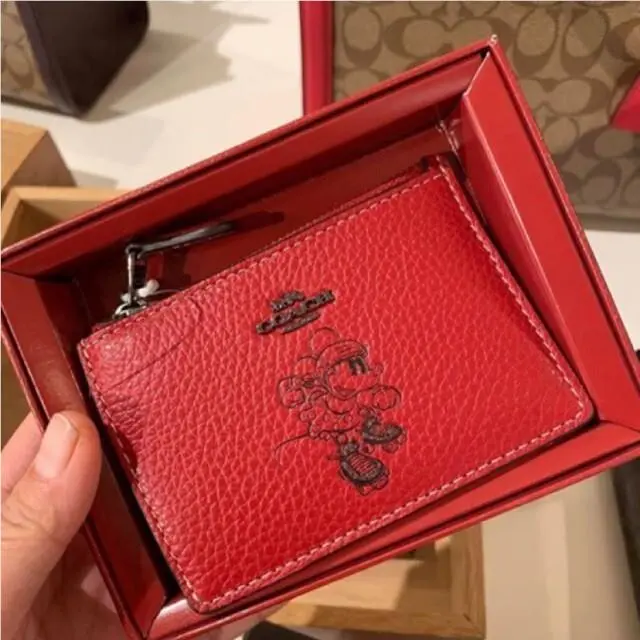 Nwt- Coach 37536B BP Minnie Mous Red Mini ID Skinn Leather Wallet Red