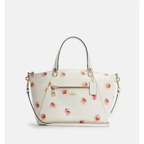 Coach Prairie Gold/chalk Pop Floral Print Refined Pebble Leather Satchel C5838