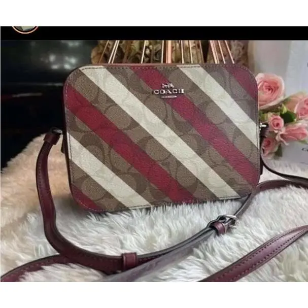 C1387 Mini Camera Bag Signature Canvas with Diagonal Stripe Print by Coach