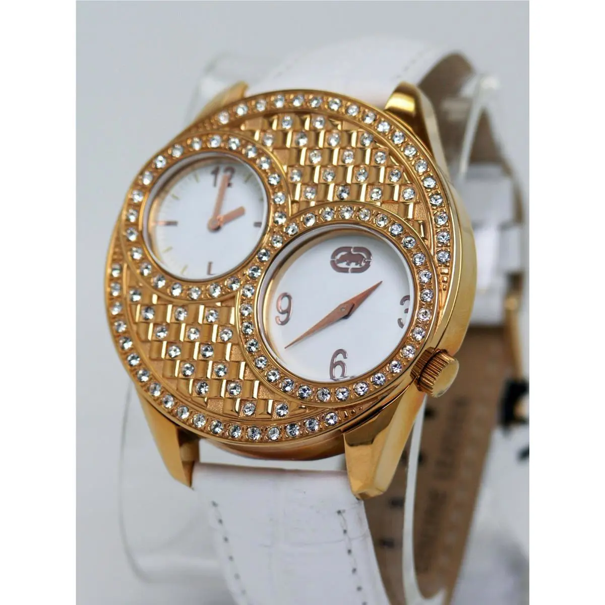 E13518L1 Womens Rose Tone Crystals Watch White Leather Dual Time by Marc Ecko