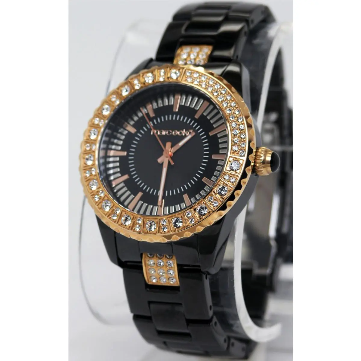 E12536L2 The Prestige Womens Black Steel Watch Rose Gold Crystals by Marc Ecko