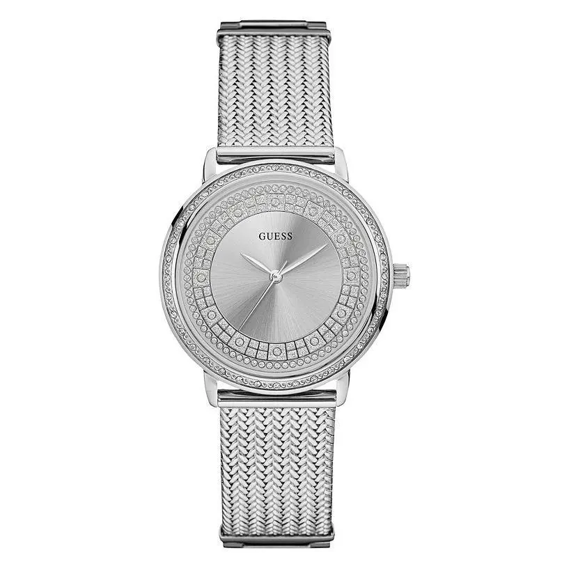 Guess Silver Tone Pave Crystal Glitz Silver Dial Mesh Bracelet WATCH-U0836L2