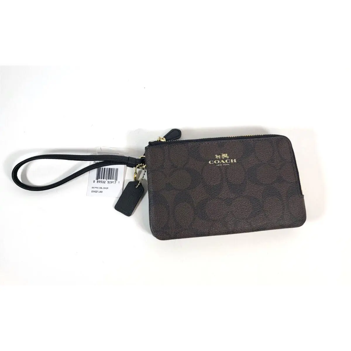 Coach Double Corner Zip Wristlet Signature Pvc Black Brown F66506