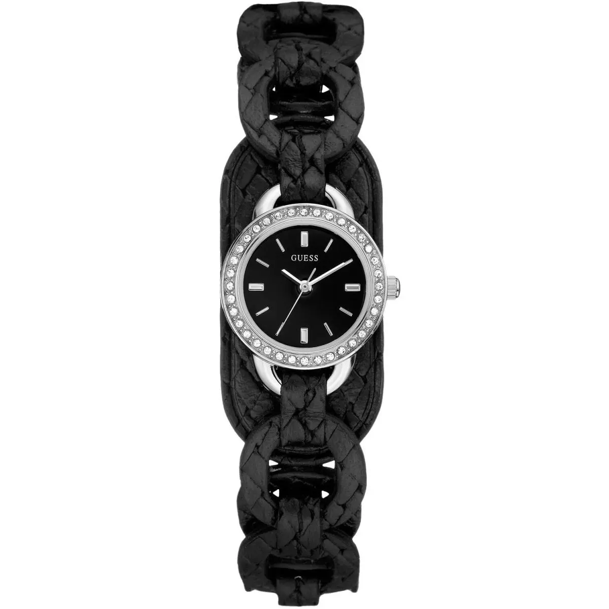 New-guess Silver Tone Black Braided Leather Band Crystal Mini WATCH-W70027L2