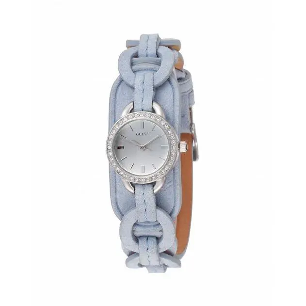 Guess Light Blue Suede Leather Cuff Band+silver Dial WATCH+CRYSTALS-U75050L2