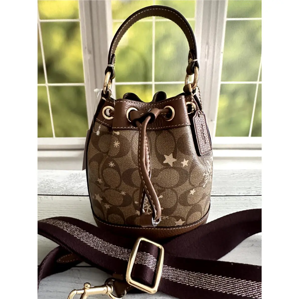 Coach Dempsey Drawstring Bucket Bag 15 with Bow/star and Snowflake Print