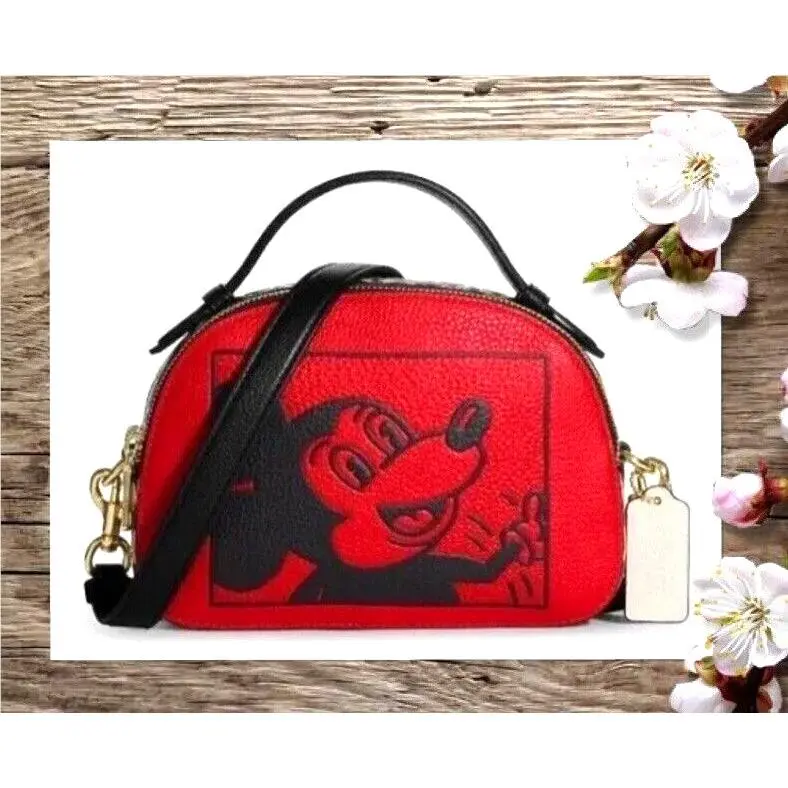 Coach Disney Mickey Mouse X Keith Haring Serena Satchel In Red Multi Leather