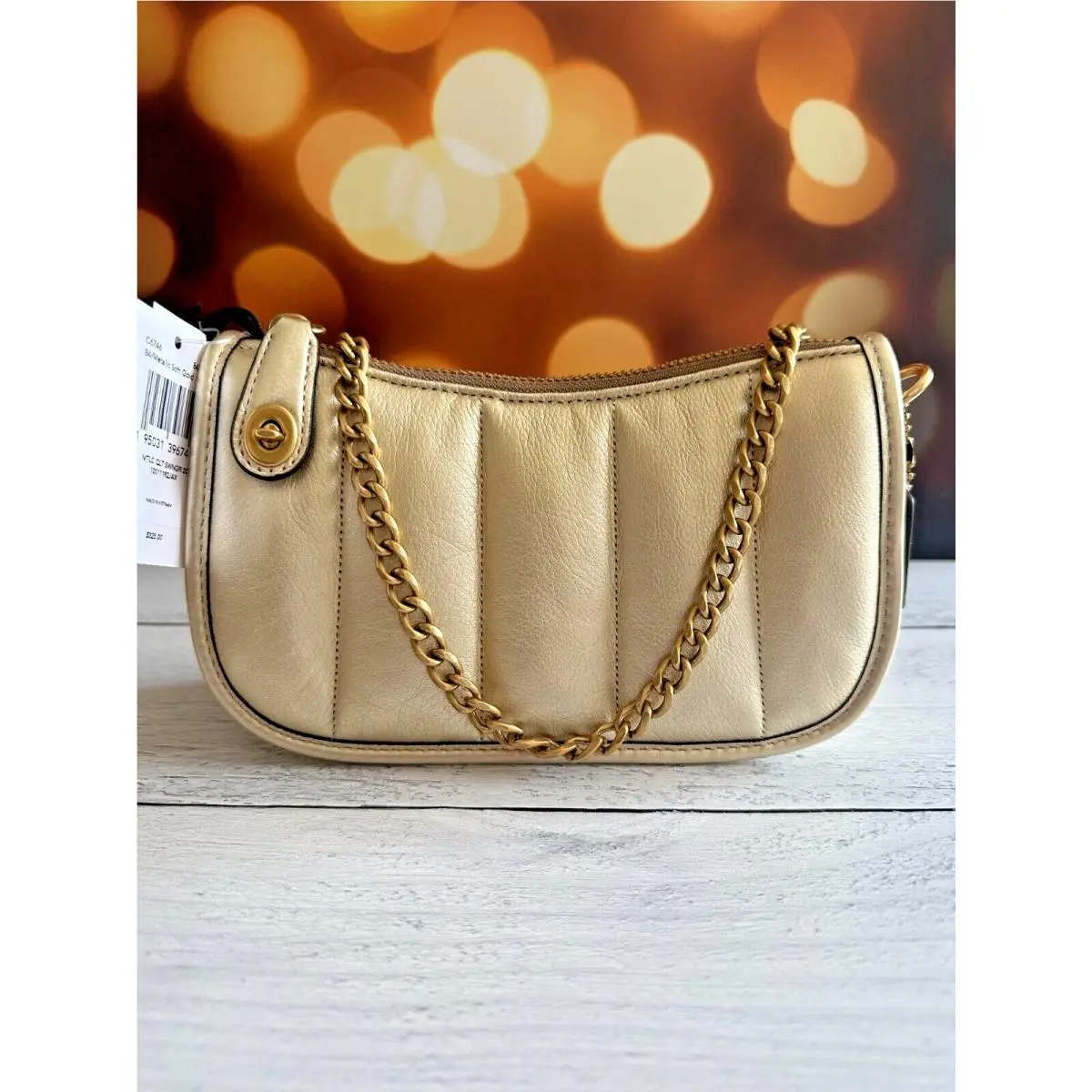 Coach Swinger 20 Metallic Gold Leather Clutch w/ Quilting Chain Bag C6746