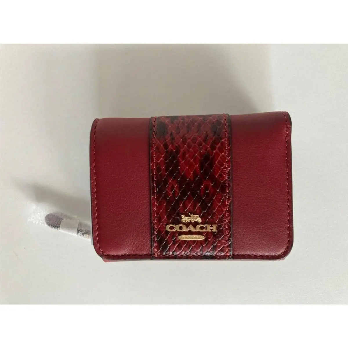 Coach Leather Small Trifold Wallet in Colorblock Snake Detail Cherry Multi