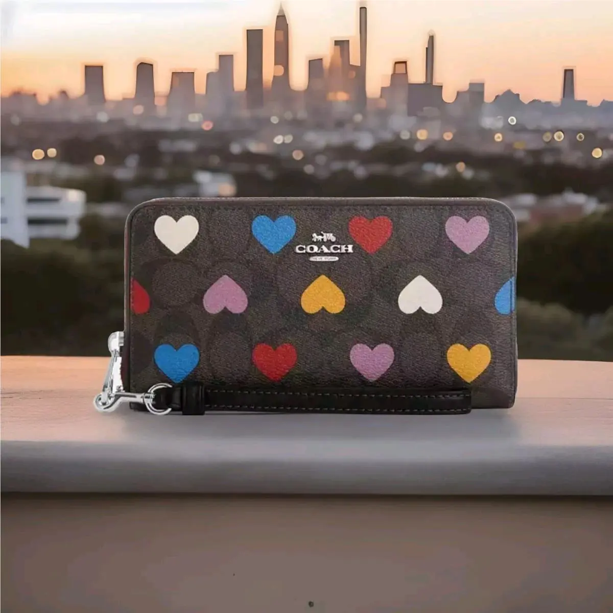 Long Zip Around Heart Print Wallet Iphone Galaxy Signature Canvas by Coach