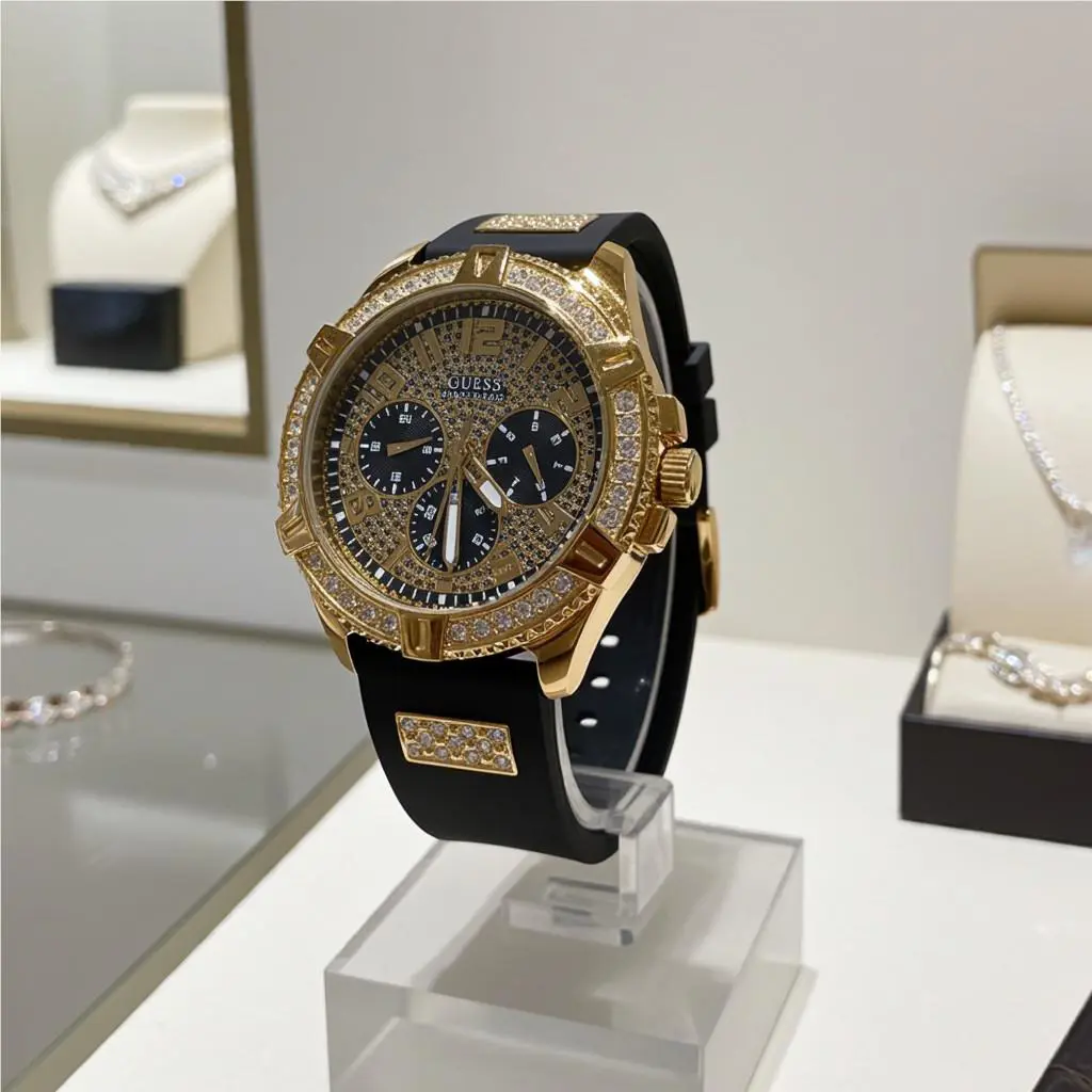 Guess Mens Watch W1132G1 Frontier Gold Crystal Black Silicon Strap