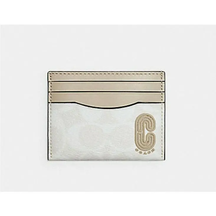 Coach Leather Card Case Wallet Signature Canvas Retro Coach Patch 1299 Chalk