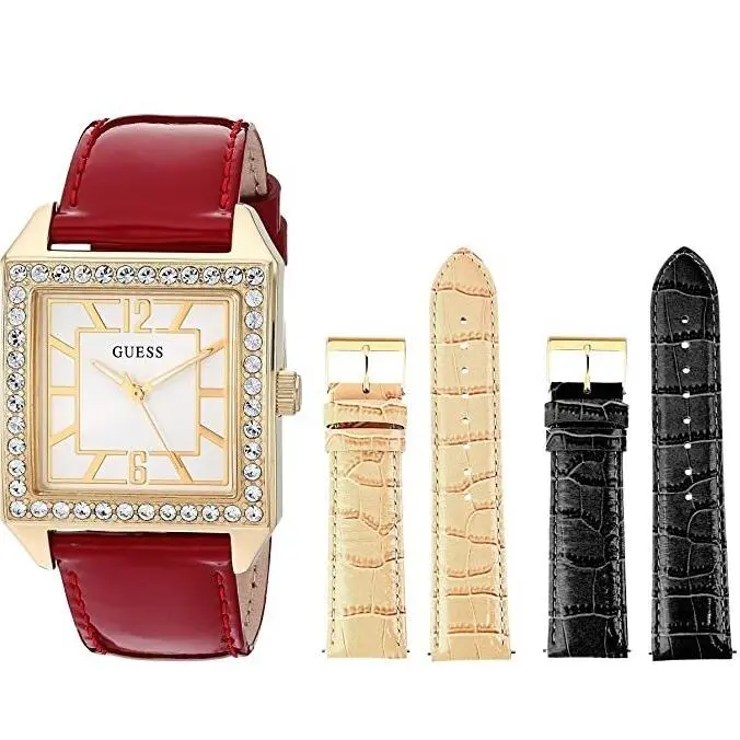 3pc Set Leather Extra Straps Gem-set Bezel Square Women`s Watch W0068L4 by Guess