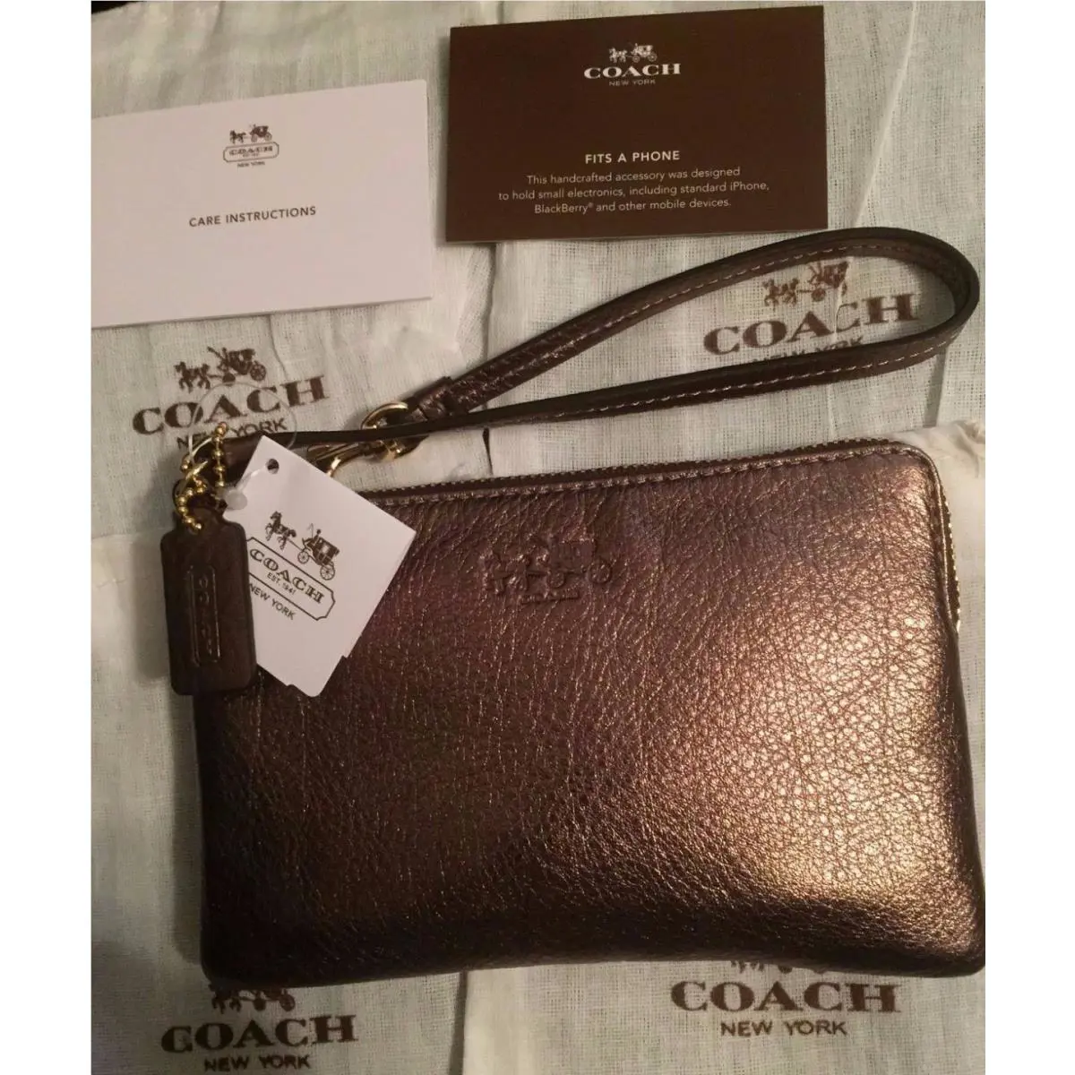 Coach Bleeker Metallic Gold Pebbled Leather Small L-zip Wristlet