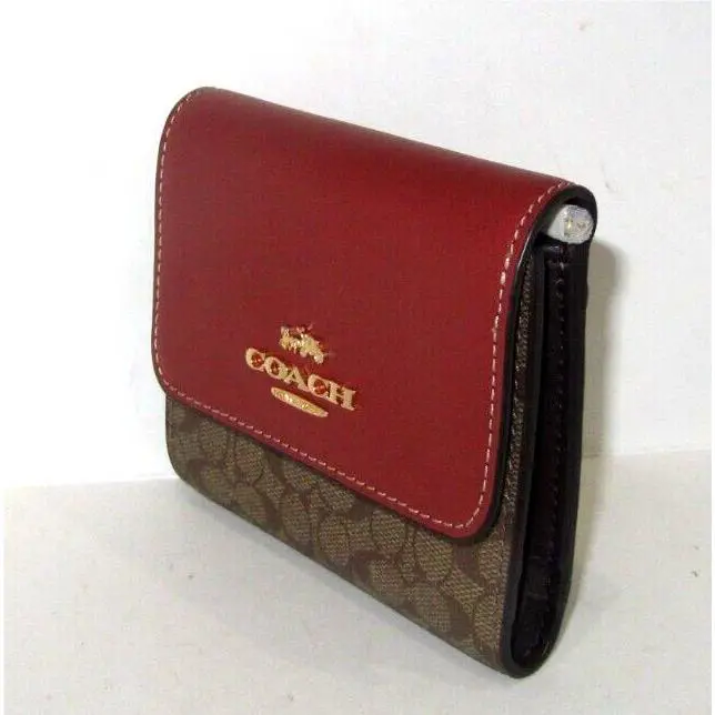 Coach CF369 Small Trifold Wallet Khaki Signature Terracotta Leather