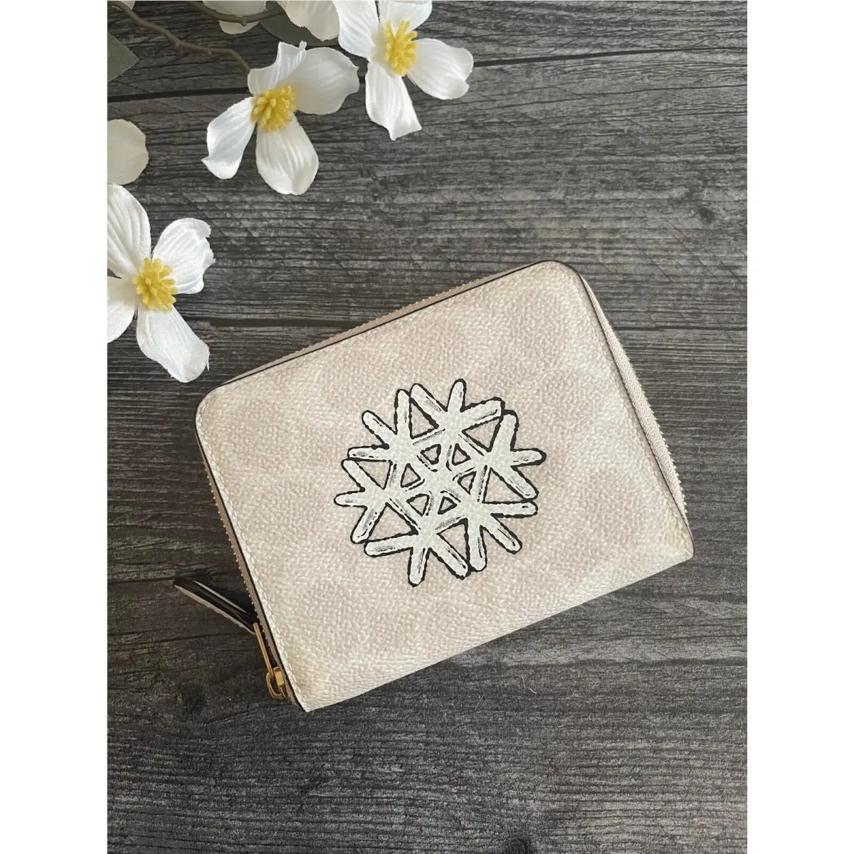 Coach Small Zip Around Wallet Signature Canvas with Snowflake Brass/ivory 86104