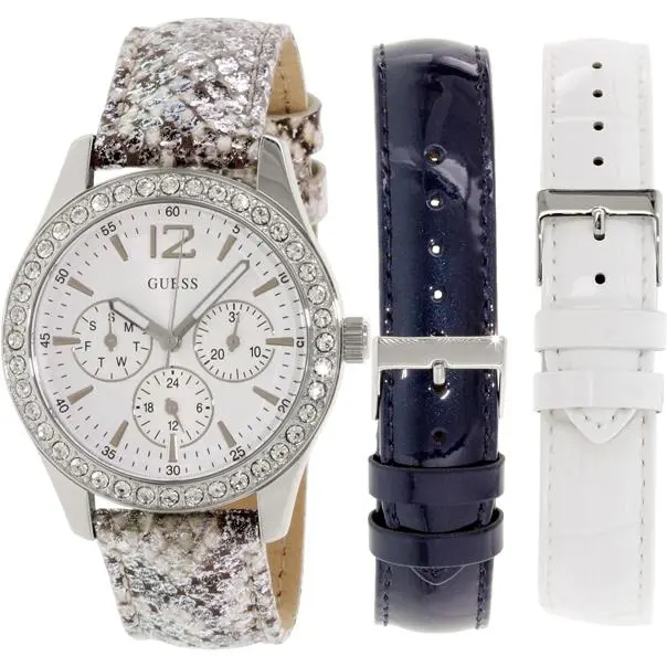 Guess 3 PC Set Silver Tone Sand Python+blue+white Leather Band Watch U0525L1