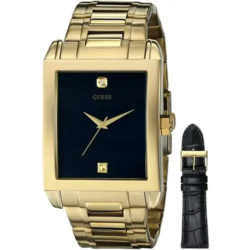 2 PC Set Gold Tone S/steel Black Leather Band Diamond Accent Watch U0206G1 by Guess