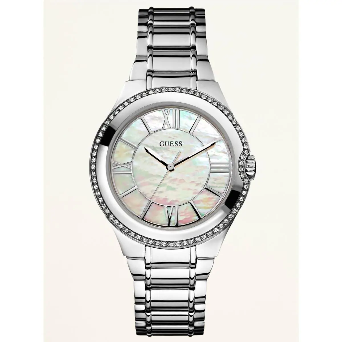 Guess Polished Silver Tone+white Mop Dial+crystals+roman `S WATCH-U12650L1