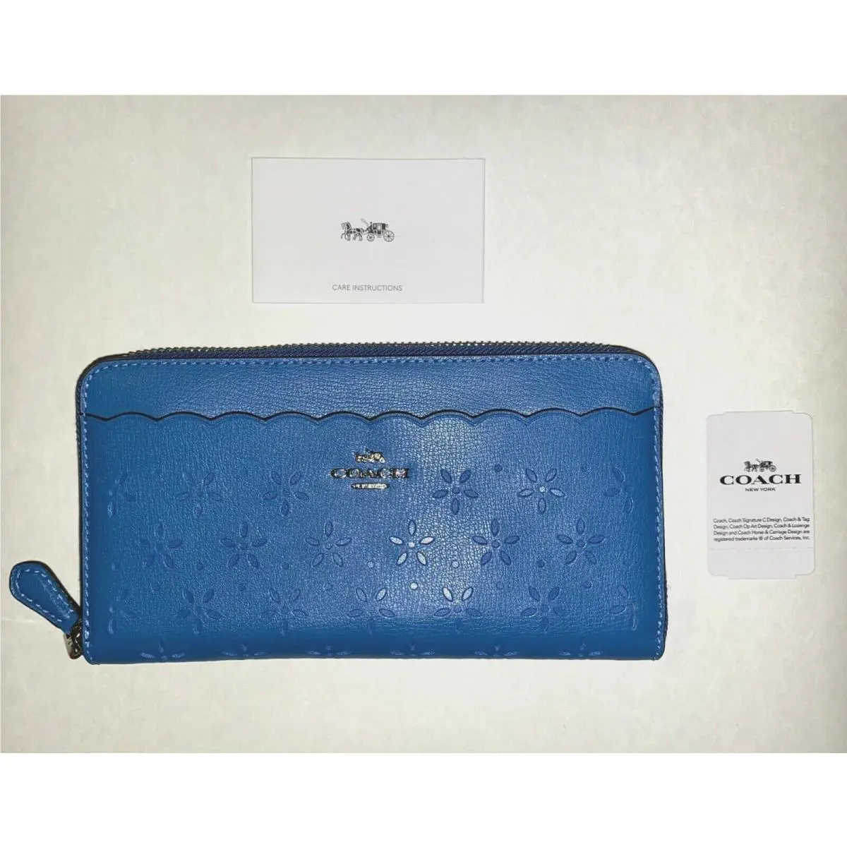 Coach 67609 Floral Perforated Leather Accordion Zip Wallet Sky Blue Midnight